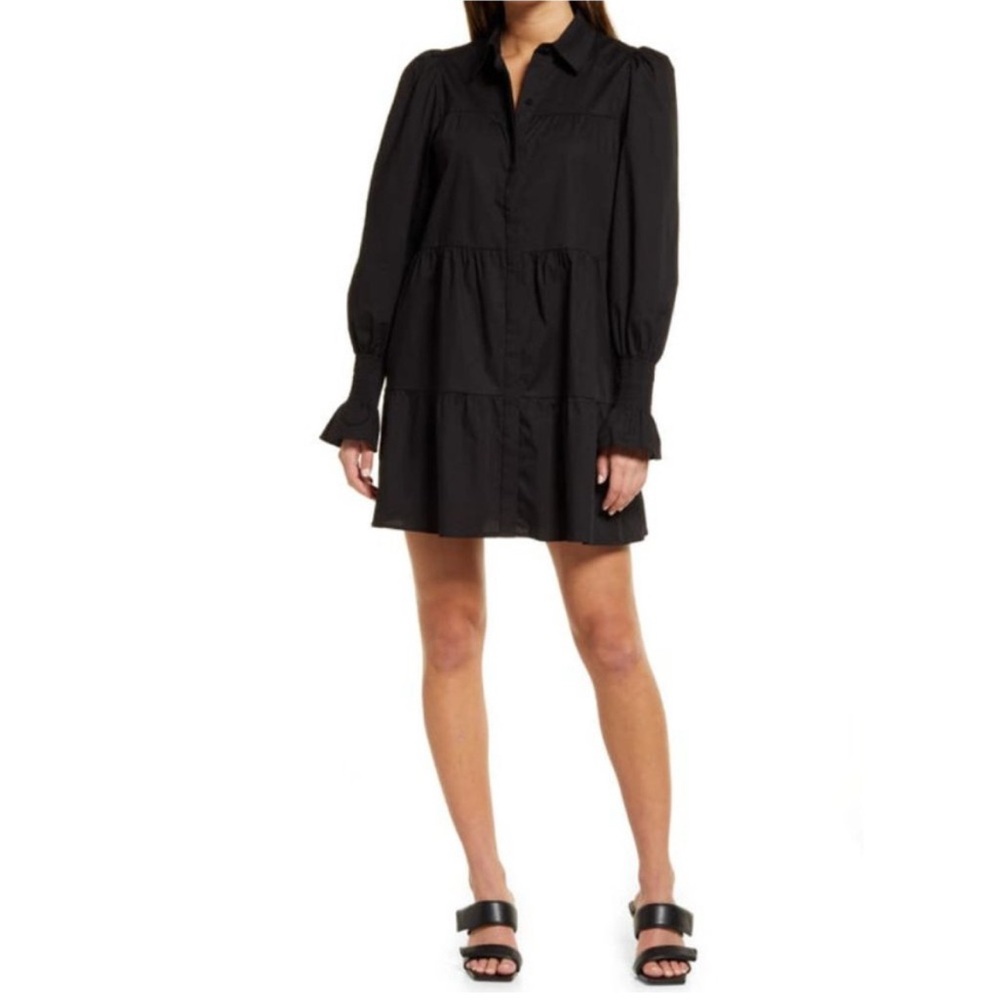Wayf Black Ruffled Tiered Long Sleeve Shirt Dress